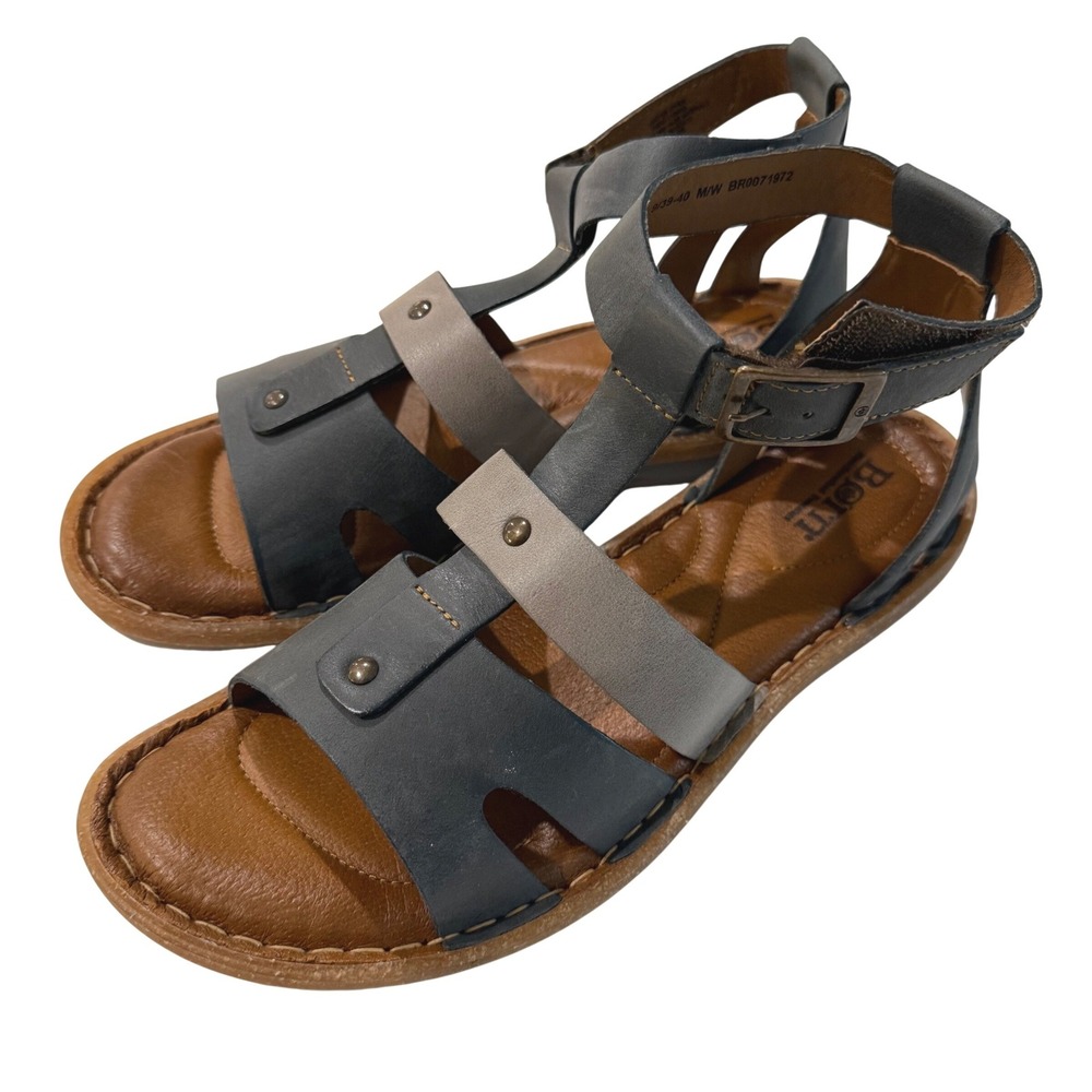 Born Tropi Blue Grey Leather Gladiator Sandals Womens Size 9 39-40 M/W Comfort
